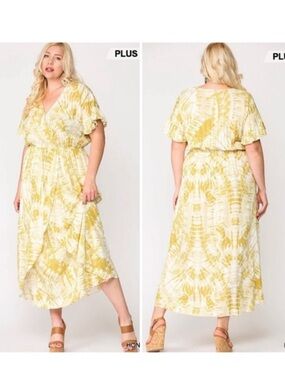 Gigio | Sunburst Golden Tie Dye Peek A Boo Slit Surplice Maxi Dress New XL Plus